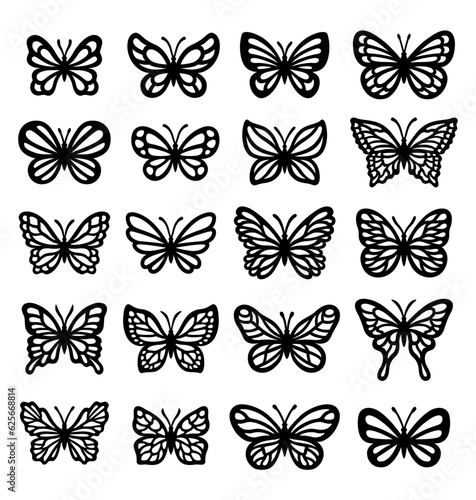 Butterfly silhouette vector set. Templates for laser or paper cutting, printing on a T-shirt, mug. Insects cut files. Flat style. Hand drawn decorative element for your design. © Volha Shybut