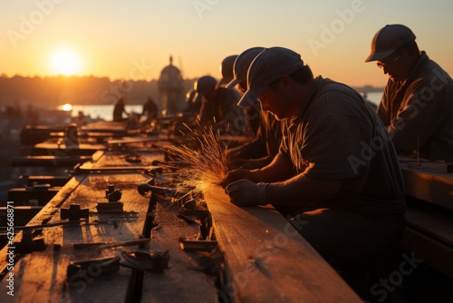 men are working on wood at sunset, Generative AI