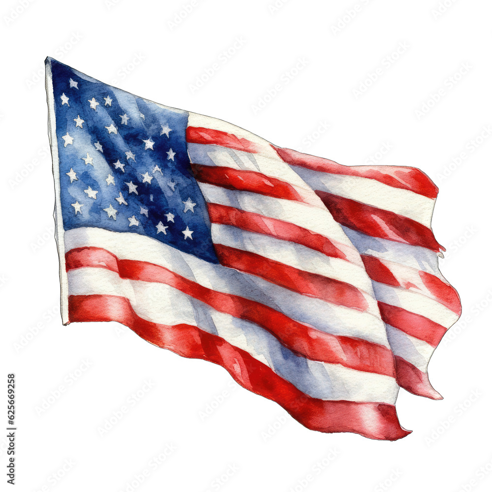 Fototapeta premium Colorful American flag waving in the breeze on a white background, in the style of realistic watercolor painting isolated on transparent background png - Generative AI