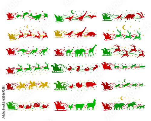 Santa's sleigh vector set. Christmas black silhouette. Illustrations for laser, paper cutting, printing on T-shirts, mugs. Various animals harnessed to the sled. Isolated on white background.