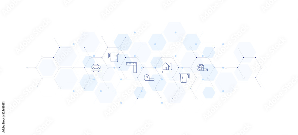 Measure banner vector illustration. Style of icon between. Containing size, measuring cup, measuring tape, ruler.