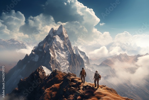 Photograph of people hiking in imposing mountains, Generative AI