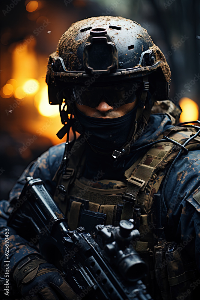 portrait of armed soldier in a helmet on the battlefield. Generative Ai