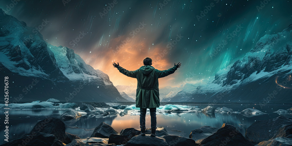 Obraz premium a man tourist is standing with both hands raised After successfully conquering the peak , on top of a mountain,Aurora Borealis or green northern light above kirkjufell mountain in iceland,