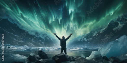 a man tourist is standing with both hands raised After successfully conquering the peak , on top of a mountain,Aurora Borealis or green northern light above kirkjufell mountain in iceland,