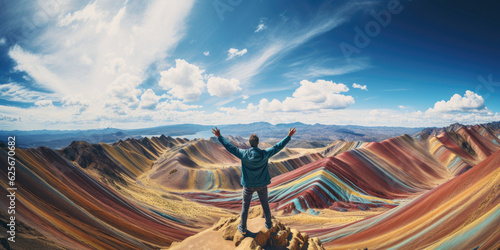 a man tourist is standing with both hands raised After successfully conquering the peak , on top of a mountain,Vinicunca Rainbow Mountain photo