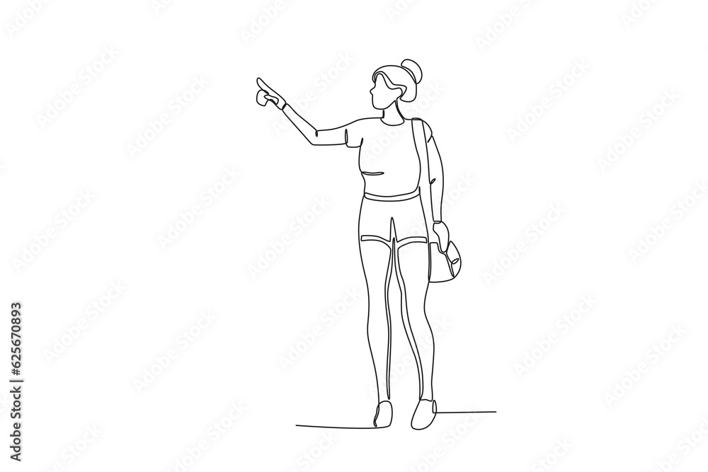 A female tourist pointed towards the side. World tourism day one-line drawing A female tourist pointed towards the side. World tourism day one-line drawing