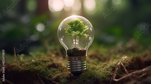 renewable energy light bulb with green energy, Earth Day or environment protection Hands protect forests that grow on the ground and help save the world aesthetic