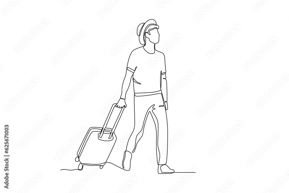 A happy man goes on vacation. World tourism day one-line drawing A happy man goes on vacation. World tourism day one-line drawing