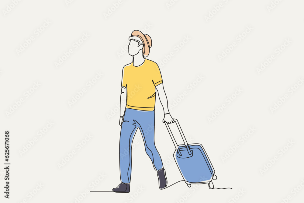 Color illustration of a tourist traveling with a suitcase. World tourism day one-line drawing Color illustration of a tourist traveling with a suitcase. World tourism day one-line drawing