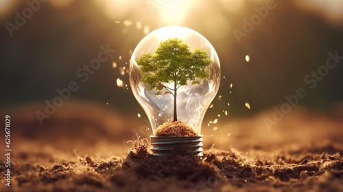 Photo The concept of ecology, trees, soil, sunlight, rising from the lamp on black background