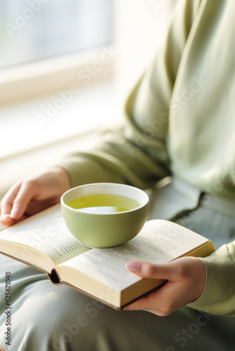 Calm scene of hands cradling a green tea cup with a mindfulness book nearby
