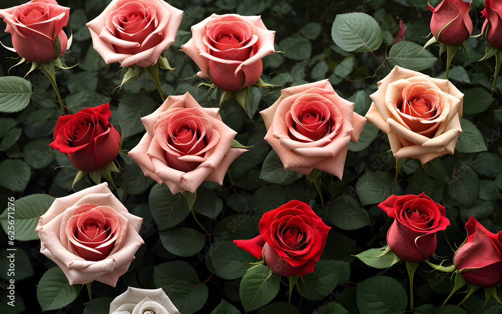 Flower concept background beautiful blooming roses with green leaves in the background Flower concept background beautiful blooming roses with green leaves in the background