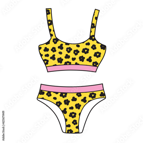 Fashionable lingerie top or bra and panties with leopard fur pattern isolated vector illustration