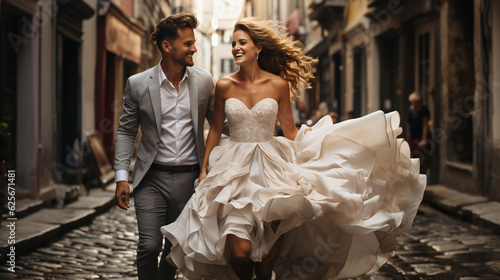 bride and groom walking around happy on the street of a city