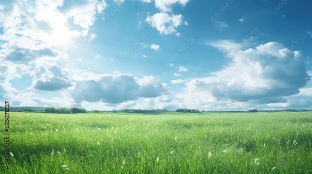 Panoramic natural landscape with green grass field, blue sky with clouds and and mountains in background. Panorama summer spring meadow. Shallow depth of field Panoramic natural landscape with green grass field, blue sky with clouds and and mountains in background. Panorama summer spring meadow. Shallow depth of field