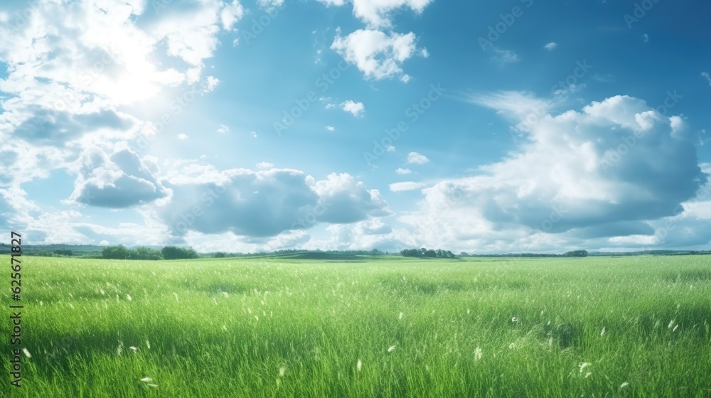 Panoramic natural landscape with green grass field, blue sky with clouds and and mountains in background. Panorama summer spring meadow. Shallow depth of field