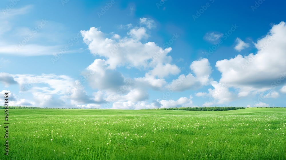 Panoramic natural landscape with green grass field, blue sky with clouds and and mountains in background. Panorama summer spring meadow. Shallow depth of field Panoramic natural landscape with green grass field, blue sky with clouds and and mountains in background. Panorama summer spring meadow. Shallow depth of field