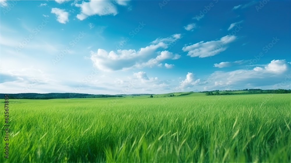 Panoramic natural landscape with green grass field, blue sky with clouds and and mountains in background. Panorama summer spring meadow. Shallow depth of field