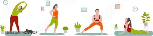 Women in sportswear doing sport activities at home. Set. Flat vector illustration