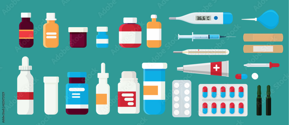 Pharmacy set items. Medicines, medical products. Vector illustration in flat cartoon style. - obrazy, fototapety, plakaty 