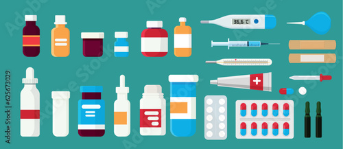 Pharmacy set items. Medicines, medical products. Vector illustration in flat cartoon style. photo