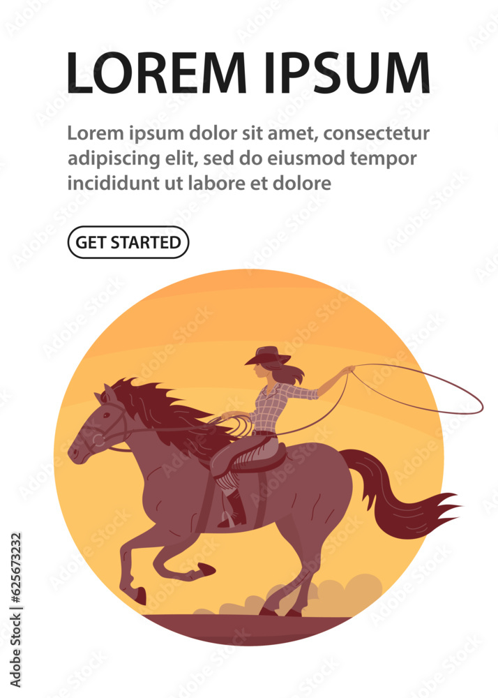 Beautiful cowboy girl in a hat rides a horse. Athletic agile woman swinging rope lasso. Wild West, western, rodeo and horse racing. Design for poster, banner, website. Cartoon vector illustration Beautiful cowboy girl in a hat rides a horse. Athletic agile woman swinging rope lasso. Wild West, western, rodeo and horse racing. Design for poster, banner, website. Cartoon vector illustration
