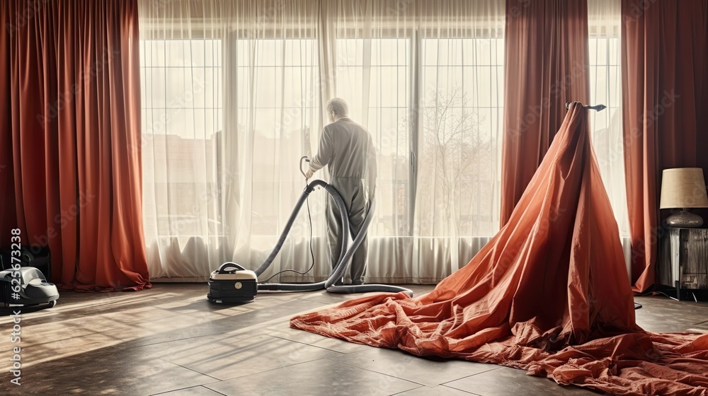 Male worker removing dust from curtains with professional vacuum cleaner indoors