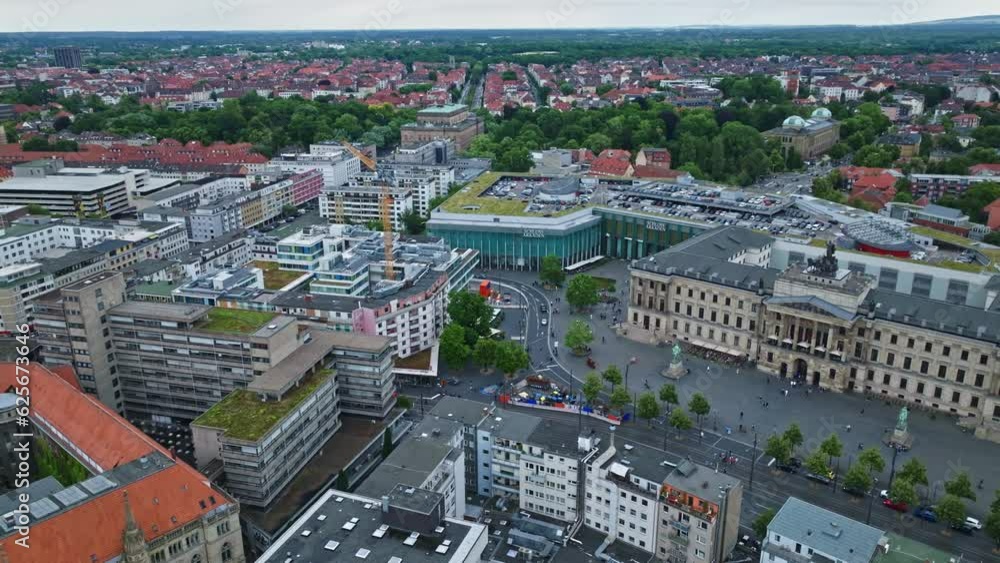 Aerial Drone shot of Schloss-Arkaden Braunschweig . Brunswick Palace or Residenzschloss . Spacious , contemporary mall inside an old castle facade with diverse shops, dining and ample parking . Aerial Drone shot of Schloss-Arkaden Braunschweig . Brunswick Palace or Residenzschloss . Spacious , contemporary mall inside an old castle facade with diverse shops, dining and ample parking .