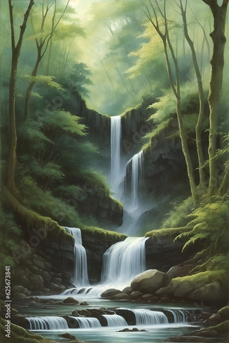 Waterfall in the forest. AI generated illustration