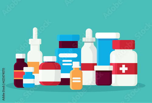 Pharmacy set items. Medicines, medical products. Vector illustration in flat cartoon style.