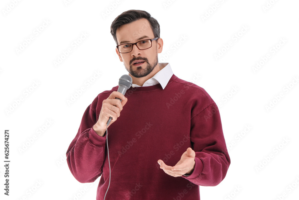 Male journalist with microphone on white background Male journalist with microphone on white background