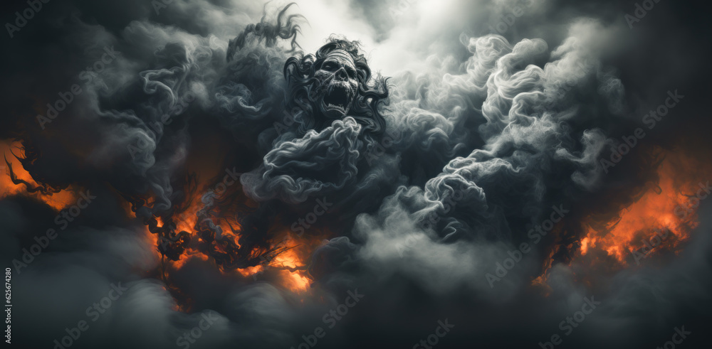Scary zombie with fire and smoke on dark background. Halloween concept