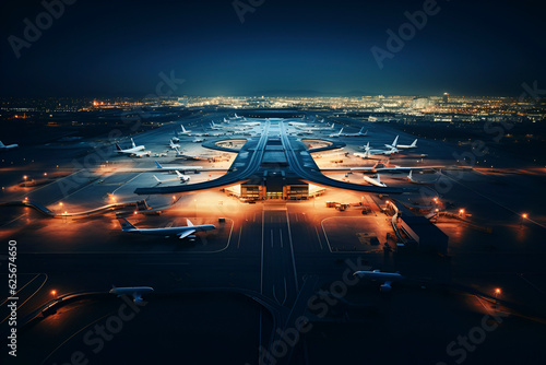 Photo Generative AI, aerial top view on aeroport with parked airplanes in night with lights