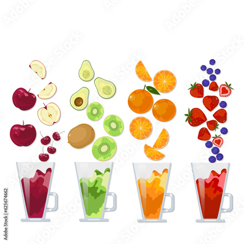 Set of fruit and vegetable juice drinks with splashes in tall glasses of apple cherry avocado kivi orange strawberry berry different kinds of fruits vector illustration white background.