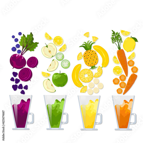 Set of fruit and vegetable juice drinks with splashes in tall glasses of beetroot blackberry blueberry apple different lemon banana carrot pineapple kinds of fruits vector illustration white backgroun