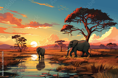 Canvas Print vector flat color cartoon illustration of Elephants in paradise, Idyllic savanna
