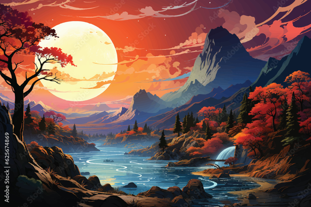vector flat color cartoon illustration of Enchanting landscape art, A mesmerizing wallpaper displaying a magical natural scene