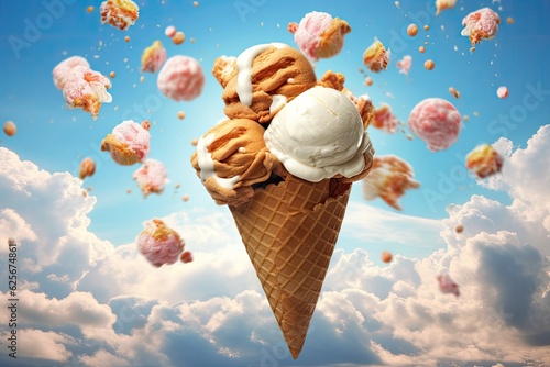 ice cream in a waffle cone with ice cream splashes and nuts on blue sky background photo