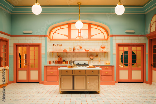 Generative AI. visual style in orange and blue colors kitchen with wardrobe in retro style. vintage aesthetics of the 60s