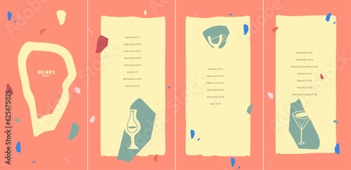 Drinks menu design template. Champagne. Wine. Cocktails. Abstract decorative shapes. Vector illustration. List, banner, booklet, flyer, brochure. 