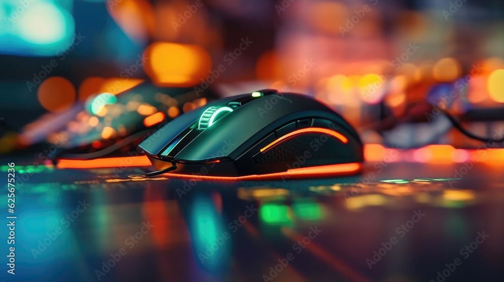 Close-up of Mouse gaming on the mousepad with computer gaming Close-up of Mouse gaming on the mousepad with computer gaming