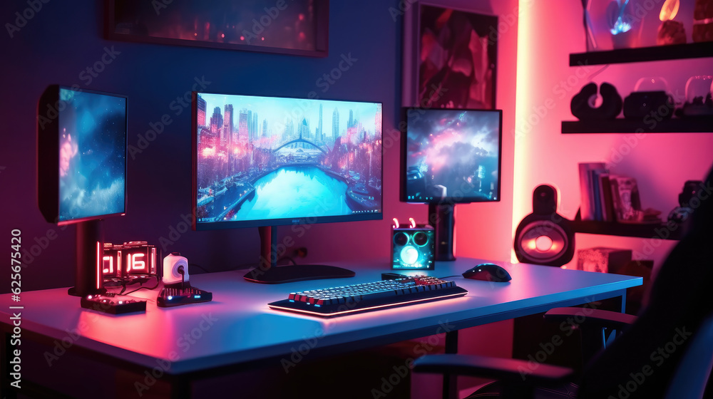 Naklejka premium A gaming computer with RGB LED lighting on the desk