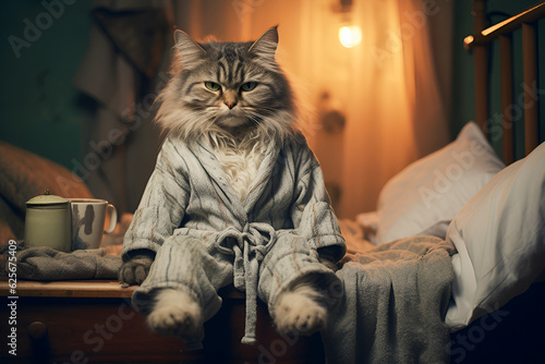 Generative AI, Humanised animals concept. funny character personage. humanized Lazy cat in pajamas in bed. Bad mood, insomnia, hard Monday concept. . photo