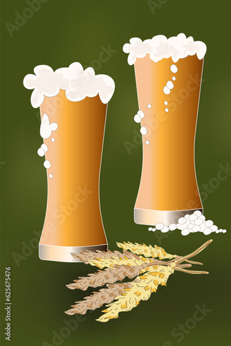 two beers in a glass glass full with foam and wheat.