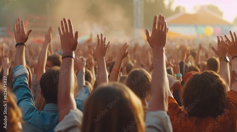 Back view of people at live summer music festival, people raising hands Back view of people at live summer music festival, people raising hands