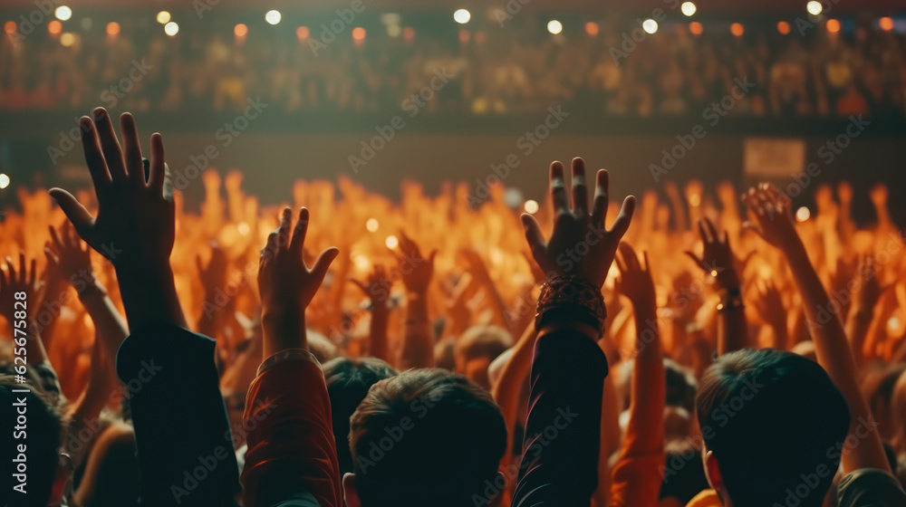 Back view of people at live summer music festival, people raising hands