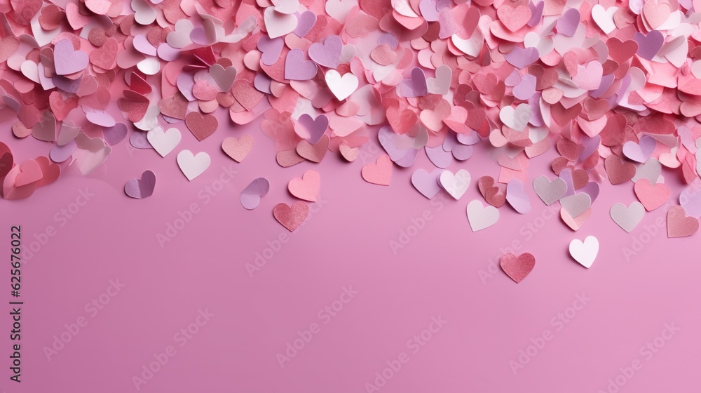 Obraz premium Cute pink pastel hearts on pink paper background. Flat lay. Pink paper heart cutouts on white backdrop
