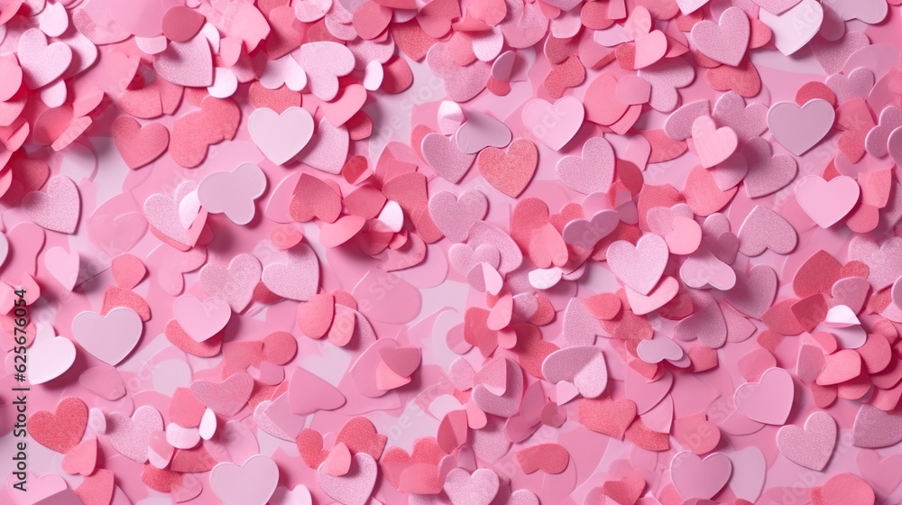 Cute pink pastel hearts on pink paper background. Flat lay. Pink paper heart cutouts on white backdrop Cute pink pastel hearts on pink paper background. Flat lay. Pink paper heart cutouts on white backdrop