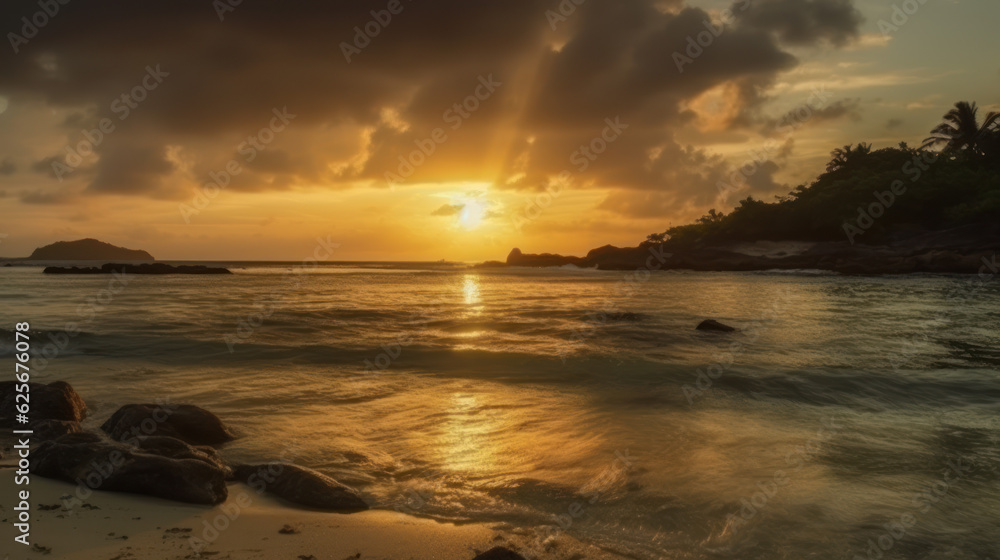 Sunrise with scenic cloudscape of paradise exotic island beach and tropical caribbean sea.
